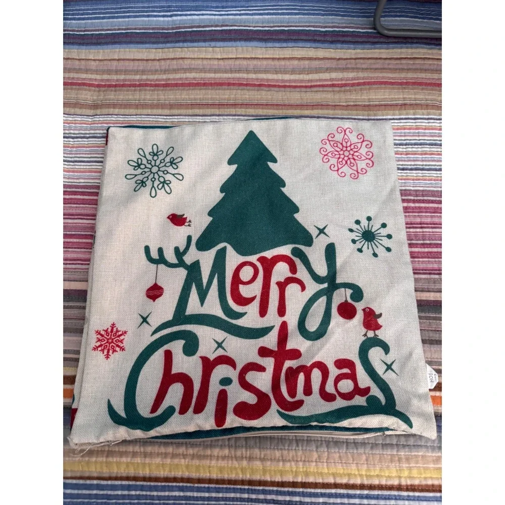 Set of 4 Christmas Pillow Covers 18x18 Rustic Linen Holiday Decor Red Green